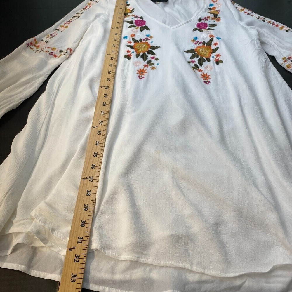 Womens Sugar Lips V Neck Floral Embroidered Lined Tunic Dress Bell Sleeve Sz M - Picture 7 of 16